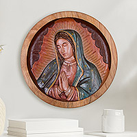 Cedar wood relief panel, 'Holy Virgin' - Handcrafted Cedar Wood Relief Panel of Virgin of Guadalupe