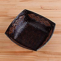 Leather catchall, 'Kuelap Memories' - Pre-Hispanic Motif Handcrafted Tooled Leather Catchall
