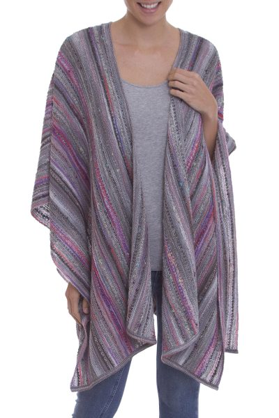 100% Alpaca knit ruana, 'Spun Candy' - Striped Multi-Color Pink and Grey 100% Alpaca Ruana