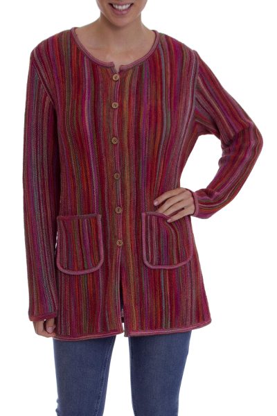 100% Alpaca knit sweater jacket, 'Andean Fire' - Multi-Color and Red Striped 100% Alpaca Knit Sweater Jacket