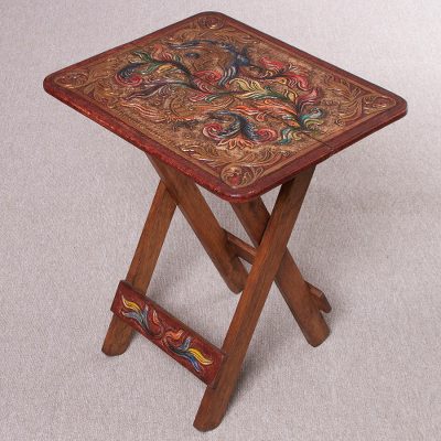 Wood and leather folding accent table, 'Royal Birds' - Handcrafted Wood and Leather Folding Table from Peru