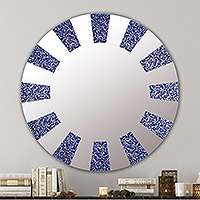 Glass wall mirror, 'Blue Rays' - Circular Glass Wall Mirror in Blue from Peru