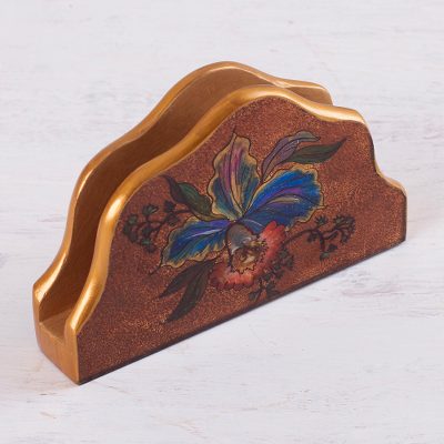 Reverse painted glass napkin holder, 'Majestic Orchid' - Reverse Painted Glass Napkin Holder in Brown from Peru