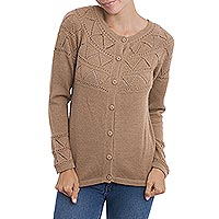 100% baby alpaca cardigan sweater, 'Sweet Mystique in Tan' - Tan Baby Alpaca Cardigan Sweater with Pointelle Knit Designs