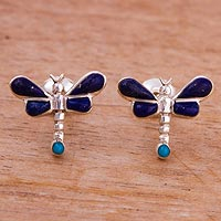 Lapis lazuli and chrysocolla stud earrings, 'Night Dragonflies' - Lapis Lazuli and Chrysocolla Dragonfly Earrings from Peru