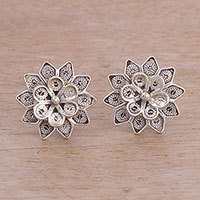 Sterling silver filigree button earrings,