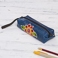 Blue Leather Makeup Case with Hand Painted Flower,'Cusco Sky'