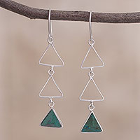 Chrysocolla dangle earrings, 'Green Triad' - Peruvian Sterling Silver and Chrysocolla Dangle Earrings