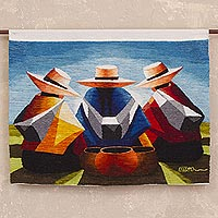 Wool tapestry, 'Women's Conversation' - 100% Wool Multi-Color Andean Trio Tapestry