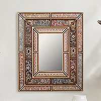 Reverse-painted glass wall mirror, 'Colonial Charm' - Floral Reverse-Painted Glass Wall Mirror from Peru