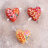 Ceramic figurines, 'Love Notes' (set of 3) - Three Floral Ceramic Heart Figurines for Notes 