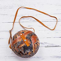 Gourd sling bag, 'Andean Trek' - Hand Carved Gourd Shoulder Bag with Leather Accent Strap