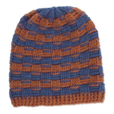 Alpaca blend hat, 'Elegant Mix' - Striped Alpaca Blend Hat in Pumpkin and Azure from Peru