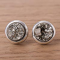 Pyrite button earrings, 'Circular Treasures' - Circular Pyrite Button Earrings from Peru