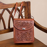 Leather sling, 'Flower Adventure' - Colonial Floral Motif Brown Leather Sling from Peru