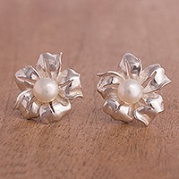Cultured pearl button earrings,