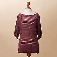 Cotton blend pullover, 'Open Elegance in Wine' - Knit Cotton Blend Pullover in Wine from Peru