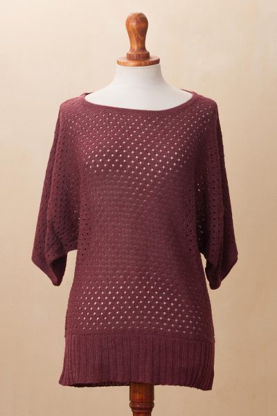 Cotton blend pullover, 'Open Elegance in Wine' - Knit Cotton Blend Pullover in Wine from Peru