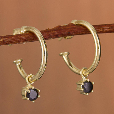 Gold plated sterling silver dangle earrings, Royal Hoops in Black