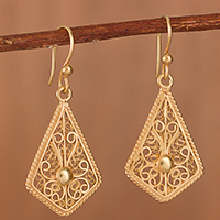 Gold-plated filigree dangle earrings, 'Royal Scroll in Gold' - Gold-Plated Sterling Silver Filigree Kite Dangle Earrings