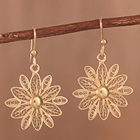 Gold plated sterling silver filigree dangle earrings, 'Starburst Flower in Gold' - Gold Plated Sterling Silver Filigree Flower Dangle Earrings