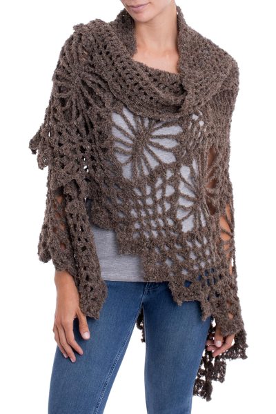 Alpaca blend shawl, 'Majesty of the Andes' - Crocheted Alpaca Blend Shawl in Coffee from Peru