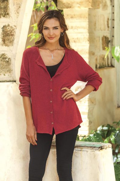 Pima cotton cardigan, 'Everyday in Crimson' - Knit Pima Cotton Cardigan in Crimson from Peru