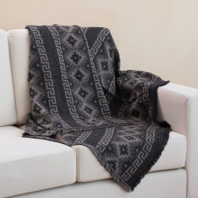 Reversible alpaca blend throw, 'Andean Cross in Taupe' - Alpaca Blend Throw with Andean Crosses in Taupe and Black