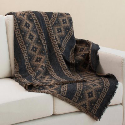 Reversible alpaca blend throw, 'Andean Cross in Tan' - Alpaca Blend Throw with Andean Crosses in Tan and Black