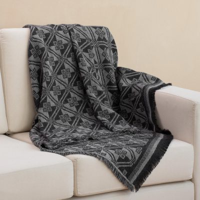 Reversible alpaca blend throw, 'Andean Squares in Smoke' - Alpaca Blend Throw with Square Motifs in Smoke and Black