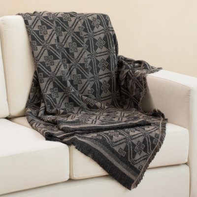 Reversible alpaca blend throw, 'Andean Squares in Taupe' - Alpaca Blend Throw with Square Motifs in Taupe and Black