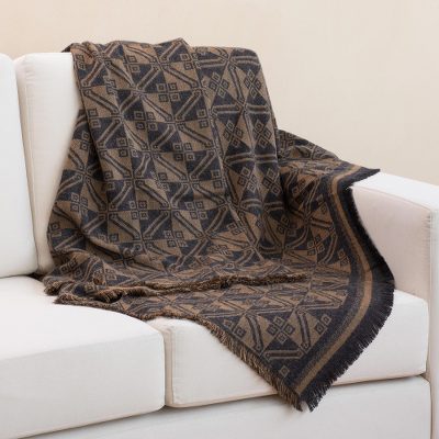 Reversible alpaca blend throw, 'Andean Squares in Tan' - Alpaca Blend Throw with Square Motifs in Tan and Black