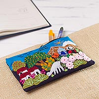 Appliqué pencil case, 'Ñoka Kuyayki' - Andean Couple Colorful Cotton Blend Appliqué Pencil Case