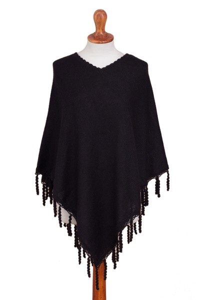 Alpaca blend poncho, 'Night Thrills' - Knit Alpaca Blend Poncho in Black from Peru
