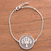 Sterling silver filigree pendant bracelet, 'Personal Growth' - Tree of Life Sterling Silver Filigree Disc Pendant Bracelet