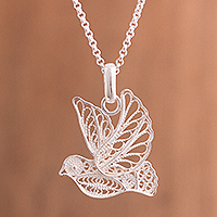 Sterling silver filigree pendant necklace, 'Peace and Grace' - Handcrafted Sterling Silver Filigree Dove Pendant Necklace