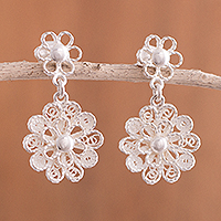 Sterling silver filigree dangle earrings, 'Exquisite Blossom' - Handcrafted Sterling Silver Filigree Flowers Dangle Earrings