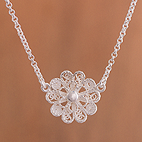 Sterling silver filigree pendant necklace, 'Exquisite Blossom' - Handcrafted Sterling Silver Filigree Flower Pendant Necklace