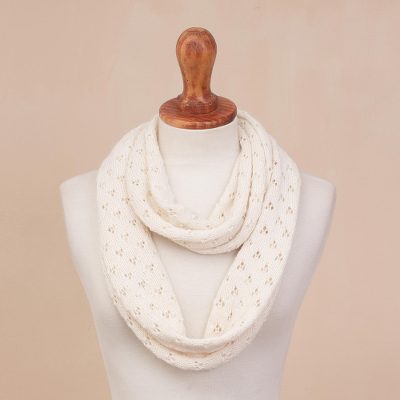 Alpaca blend infinity scarf, Andean Eyelets in Snow White