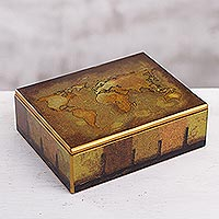 Reverse-painted glass decorative box, 'Cartographer's Treasure' - Golden World Map Reverse-Painted Glass Wood Decorative Box
