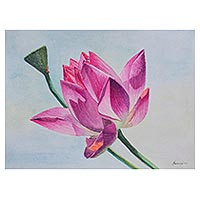 'Lotus Flower' - Signed Watercolor Painting of a Lotus Flower from Peru