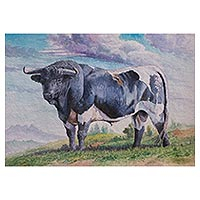 'Imminent Force' - Signed Watercolor Painting of a Bull from Peru