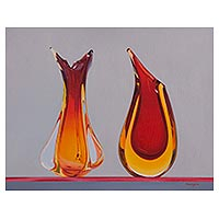'Theory of Color' - Signed Painting of Two Red Art Glass Vases from Peru