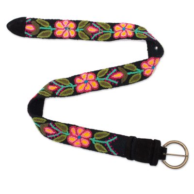 Wool belt, 'Pink Daisies' - Black and Colorful Floral Motif Embroidered Wool Woven Belt