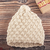 100% alpaca knit cap, 'Milky River' - Hand Knit Antique White 100% Alpaca Multi-Textured Hat