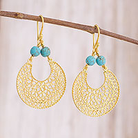 Gold plated sterling silver filigree dangle earrings, 'Golden World' - 24k Gold Plated Sterling Silver Filigree Dangle Earrings