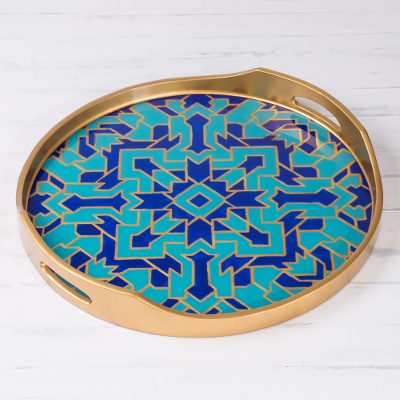 Reverse-painted glass tray, Blue Illusion