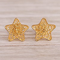 Gold plated sterling silver filigree button earrings,