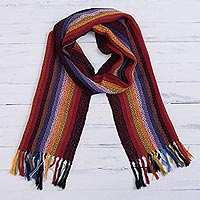 100% alpaca scarf, 'Andean Rainbow' - Rainbow 100% Alpaca Striped Scarf from Peru