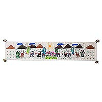 Cotton table runner, 'Vicuña Landscape' - Animal-Themed Cotton Arpillera Table Runner from Peru